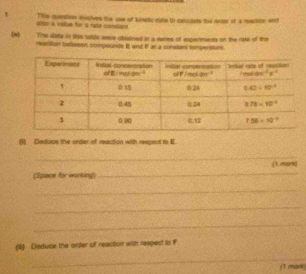 This question involves the use of kinetic date to calculate the order of a reaction and
also a value for s rate constant.
a      The data in this table were oblained in a series of experments on the rate of the
reaction beliween compounds E and F at a constant tempersturs.
(1) Deduce the order of reaction with respect to E.
_
(1.mark)
(Space for working)
_
_
_
_
(B) Deduce the order of reaction with respect to F
_
(1 mark)