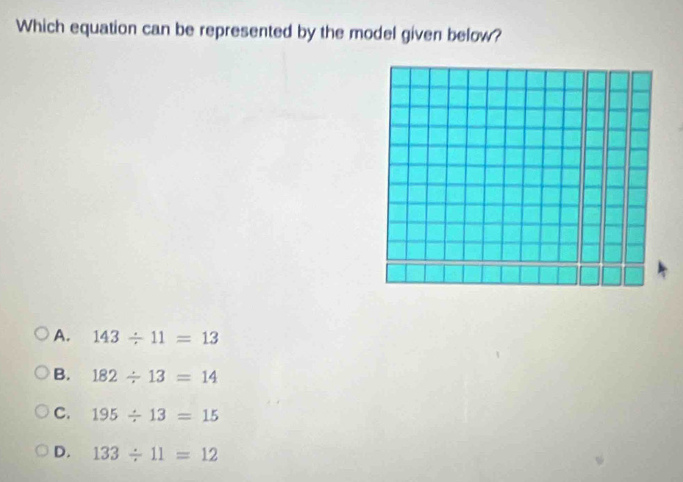 Which equation can be represented by the model given below?
A. 143/ 11=13
B. 182/ 13=14
C. 195/ 13=15
D. 133/ 11=12