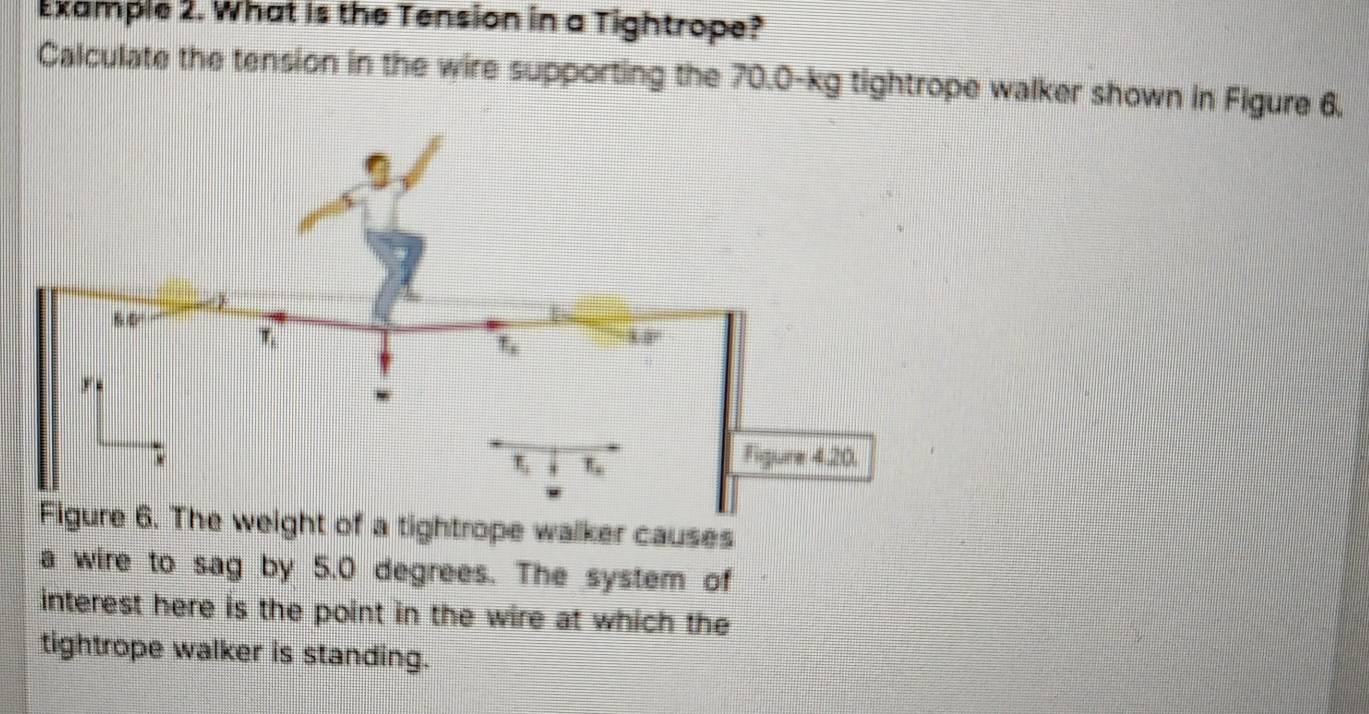 Example 2. What is the Tension in a Tightrope?
Calculate the tension in the wire supporting the 70.0-kg tightrope walker shown in Figure 6.
he weight of a tightrope walker causes
a wire to sag by 5.0 degrees. The system of
interest here is the point in the wire at which the
tightrope walker is standing.