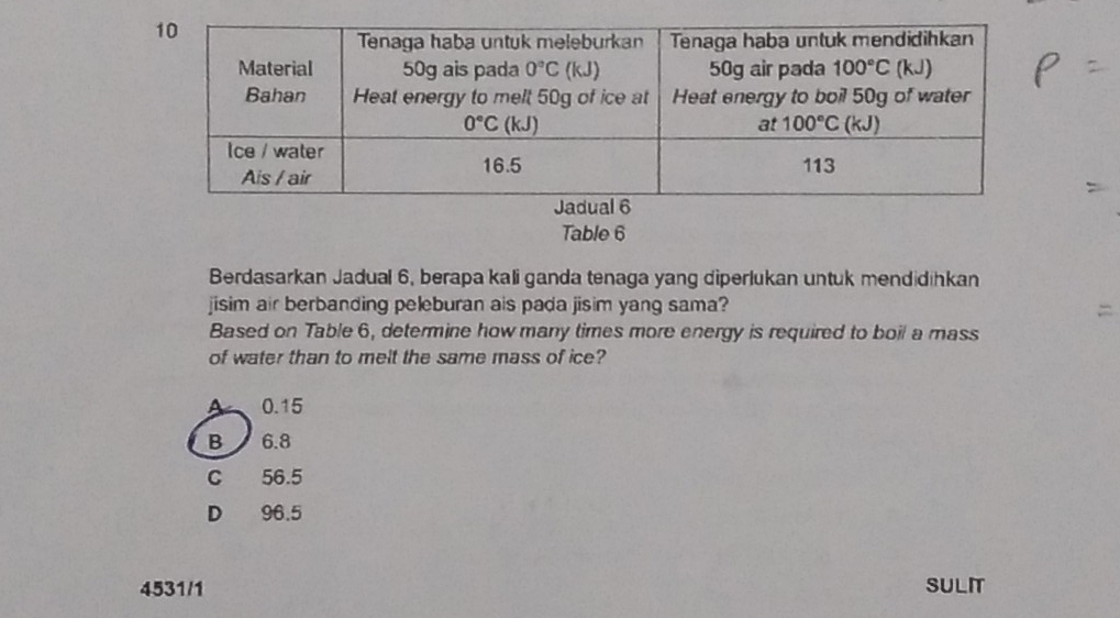 Table 6
Berdasarkan Jadual 6, berapa kali ganda tenaga yang diperlukan untuk mendidıhkan
jisim air berbanding peleburan ais pada jisim yang sama?
Based on Table 6, determine how many times more energy is required to boil a mass
of water than to melt the same mass of ice?
A 0.15
B 6.8
C 56.5
D 96.5
4531/1 SULIT