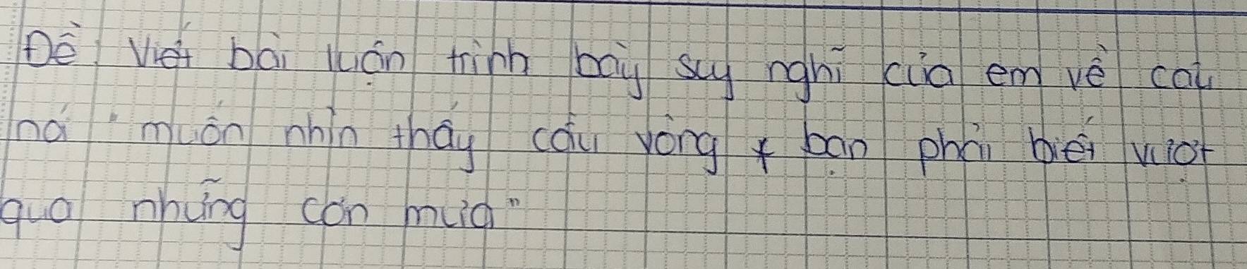 Dè Véi bāi luán hin bāy s nghi cia em vè cal 
námuán nhín tháy cóu yòng bān phāi bēi wio 
qug nhung cón mg