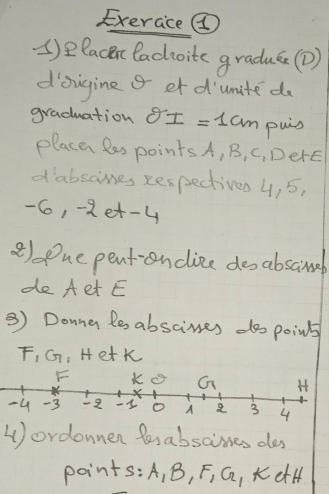 Exeraice ④ 
()elacen lachioite graduce(D) 
doigine g et d'umite do 
graduation 8I=1cm puis 
placen les points A, B, C, DerE 
dabsames zespectives 4, 5,
-6, -2et -4
2)pue pent-onclize des absamae 
de Aet E 
3) Donne leabscimes do poins
F, G : He+k
Wordonnen fesabscimes des 
points: A_1B_1F_1G_1kdH