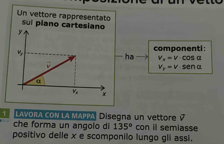 Un vettore rappresentato
sul piano carte
componenti:
ha V_x=V· cos α
V_y=V · sen α
1 LAVORA CON LA MAPPA Disegna un vettore vector V
che forma un angolo di 135° con il semiasse
positivo delle x e scomponilo lungo gli assi.