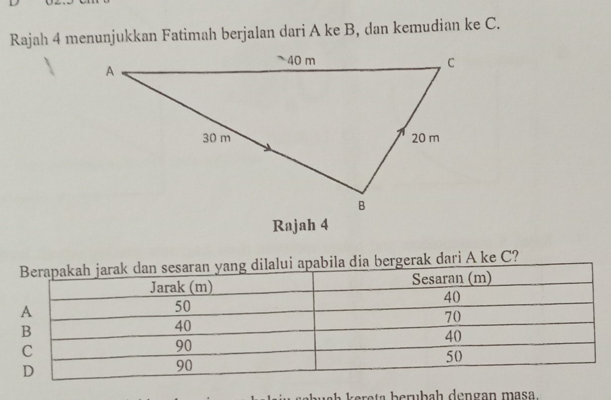 Rajah 4 menunjukkan Fatimah berjalan dari A ke B, dan kemudian ke C. 
Rajah 4 
erak dari A ke C? 
wäh kereta berubah dengan masa.