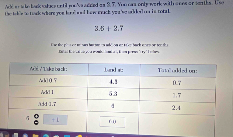 Add or take back values until you’ve added on 2.7. You can only work with ones or tenths. Use 
the table to track where you land and how much you’ve added on in total.
3.6+2.7
Use the plus or minus button to add on or take back ones or tenths. 
Enter the value you would land at, then press “try” below.