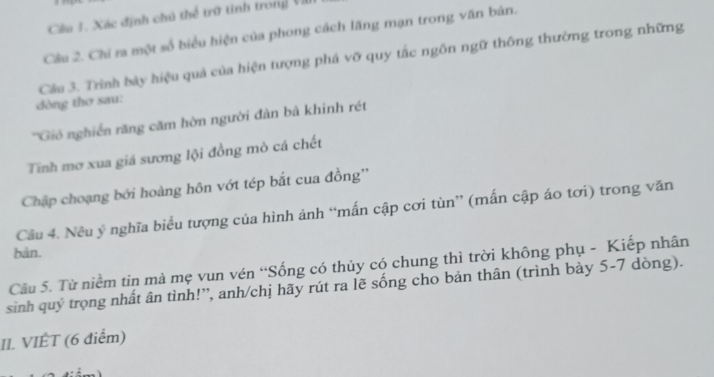 Cầu 1. Xác định chủ thể trữ tinh trong VI 
Câu 2. Chi ra một số biểu hiện của phong cách lãng mạn trong văn bán. 
Câu 3. Trình bảy hiệu quả của hiện tượng phá vỡ quy tắc ngôn ngữ thông thường trong những 
dòng thơ sau: 
''Giố nghiên răng căm hờn người đàn bà khinh rét 
Tính mơ xua giá sương lội đồng mò cá chết 
Chập choạng bởi hoàng hôn vớt tép bắt cua đồng'' 
Câu 4. Nêu ý nghĩa biểu tượng của hình ảnh “mấn cập cơi tùn” (mấn cập áo tơi) trong văn 
bản. 
Câu 5. Từ niềm tin mà mẹ vun vén “Sống có thủy có chung thì trời không phụ - Kiếp nhân 
sinh quý trọng nhất ân tình!”, anh/chị hãy rút ra lẽ sống cho bản thân (trình bày 5-7 dòng). 
II. VIÉT (6 điểm)