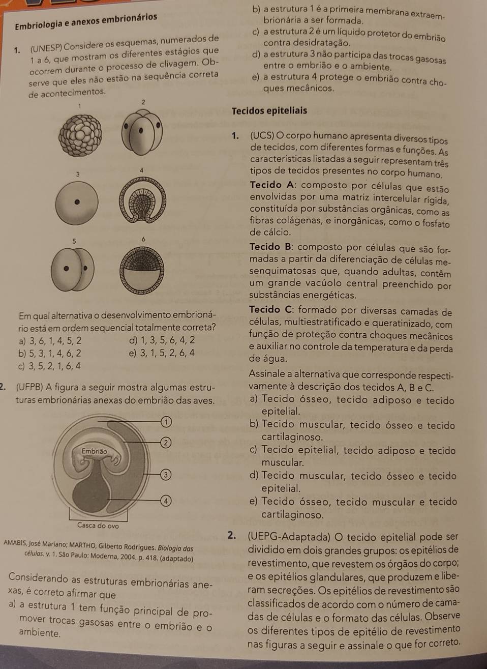 b) a estrutura 1 é a primeira membrana extraem-
Embriologia e anexos embrionários
brionária a ser formada.
1. (UNESP) Considere os esquemas, numerados de
c) a estrutura 2 é um líquido protetor do embrião
contra desidratação.
1 a 6, que mostram os diferentes estágios que d) a estrutura 3 não participa das trocas gasosas
ocorrem durante o processo de clivagem. Ob-
entre o embrião e o ambiente.
serve que eles não estão na sequência correta e) a estrutura 4 protege o embrião contra cho-
de acontecimentos. ques mecânicos.
2
1
Tecidos epiteliais
1. (UCS) O corpo humano apresenta diversos tipos
de tecidos, com diferentes formas e funções. As
características listadas a seguir representam três
3
tipos de tecidos presentes no corpo humano.
Tecido A: composto por células que estão
envolvidas por uma matriz intercelular rígida,
constituída por substâncias orgânicas, como as
fibras colágenas, e inorgânicas, como o fosfato
de cálcio.
6
Tecido B: composto por células que são for
madas a partir da diferenciação de células me-
senquimatosas que, quando adultas, contêm
um grande vacúolo central preenchido por
substâncias energéticas.
Em qual alternativa o desenvolvimento embrioná- Tecido C: formado por diversas camadas de
células, multiestratificado e queratinizado, com
rio está em ordem sequencial totalmente correta? função de proteção contra choques mecânicos
a) 3, 6, 1, 4, 5, 2 d) 1, 3, 5, 6, 4, 2 e auxiliar no controle da temperatura e da perda
b) 5, 3, 1, 4, 6, 2 e) 3, 1, 5, 2, 6, 4 de água.
c) 3, 5, 2, 1, 6, 4 Assinale a alternativa que corresponde respecti-
2. (UFPB) A figura a seguir mostra algumas estru- vamente à descrição dos tecidos A, B e C.
turas embrionárias anexas do embrião das aves. a) Tecido ósseo, tecido adiposo e tecido
epitelial.
b) Tecido muscular, tecido ósseo e tecido
cartilaginoso.
c) Tecido epitelial, tecido adiposo e tecido
muscular.
d) Tecido muscular, tecido ósseo e tecido
epitelial.
e) Tecido ósseo, tecido muscular e tecido
cartilaginoso.
2. (UEPG-Adaptada) O tecido epitelial pode ser
AMABIS, José Mariano; MARTHO, Gilberto Rodrigues. Bíologia das dividido em dois grandes grupos: os epitélios de
células. v. 1. São Paulo: Moderna, 2004. p. 418. (adaptado)
revestimento, que revestem os órgãos do corpo;
Considerando as estruturas embrionárias ane- e os epitélios glandulares, que produzem e libe-
xas, é correto afirmar que
ram secreções. Os epitélios de revestimento são
classificados de acordo com o número de cama-
a) a estrutura 1 tem função principal de pro- das de células e o formato das células. Observe
mover trocas gasosas entre o embrião e o os diferentes tipos de epitélio de revestimento
ambiente.
nas figuras a seguir e assinale o que for correto.