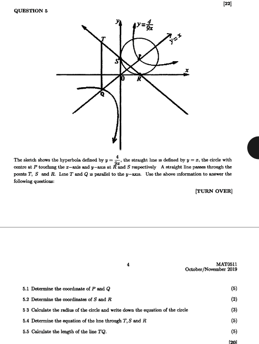 [22]
QUESTION 5
The sketch shows the hyperbola defined by y= 4/9x  , the straight lime is defined by y=x , the circle with
centre at P touching the z-axis and y-axıs at R and S respectively A straight line passes through the
points T, S and R. Line + and Q_15 parallel to the y-axes. Use the above information to answer the
following questions:
[TURN OVER]
4 MAT0511
October/November 2019
5.1 Determine the coordınate of P and Q (5)
5.2 Determine the coordinates of S and R (2)
5 3 Calculate the radius of the circle and write down the equation of the circle (3)
5.4 Determine the equation of the Ine through T, S and R (5)
5.5 Calculate the length of the line T'Q. (5)
(20]