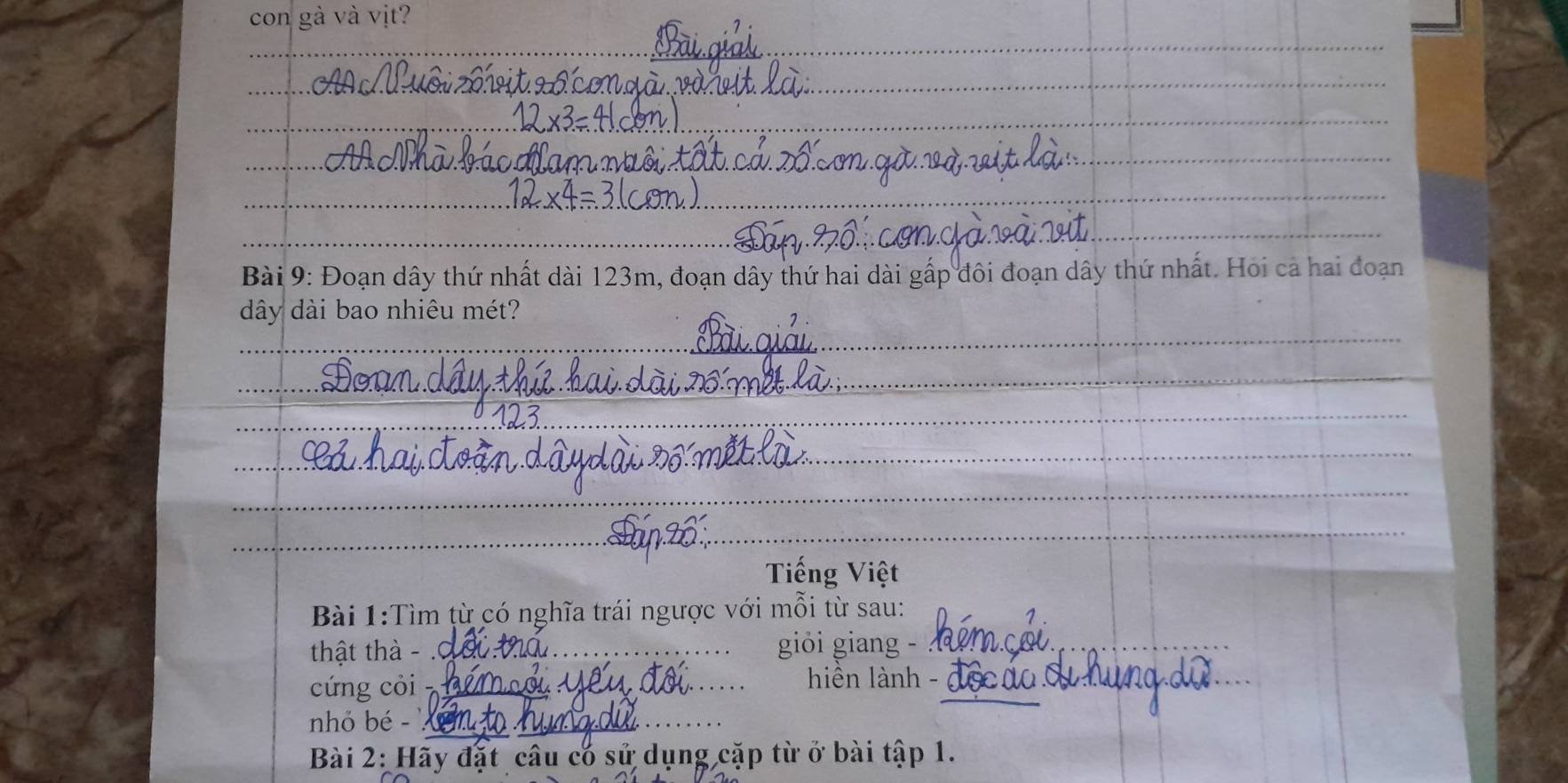 con gà và vịt? 
_ 
Bài 9: Đoạn dây thứ nhất dài 123m, đoạn dây thứ hai dài gấp đôi đoạn dây thứ nhất. Hoi cả hai đoạn 
dây dài bao nhiêu mét? 
_ 
_ 
_ 
_ 
_ 
__ 
_ 
_ 
_ 
_ 
__ 
_ 
_ 
_ 
_ 
Việt 
Bài 1:Tìm từ có nghĩa trái ngược với mỗi từ sau: 
thật thà -_ giỏi giang -_ 
cứng còi _ hiển lành -__ 
nhó bé - _ 
Bài 2: Hãy đặt câu có sử dụng cặp từ ở bài tập 1.