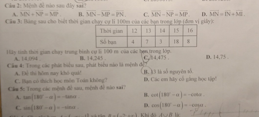 Mệnh đề nào sau đây sai?
A. overline MN+overline NP=overline MP. B. overline MN-overline MP=overline PN. C. vector MN-vector NP=vector MP. D. vector MN=vector IN+vector MI. 
Câu 3: Bảng sau cho biết thời gian chạy cự li 100m của các bạn trong lớp (đơn vị giây):
Hãy tính thời gian chạy trung bình cự li 100 m của các bạn trong lớp.
A. 14.094. B. 14,245. C. 14,475. D. 14,75.
Cầu 4: Trong các phát biểu sau, phát biểu nào là mệnh đề?
A. Để thi hôm nay khó quá! B. 13 là số nguyên tố.
C. Bạn có thích học môn Toán không? D. Các em hãy cố gắng học tập!
Cầu 5: Trong các mệnh đề sau, mệnh đề nào sai?
A. tan (180°-alpha )=-tan alpha.
B. cot (180°-alpha )=-cot alpha.
C. sin (180°-alpha )=-sin alpha.
D. cos (180°-alpha )=-cos alpha.
R=(-2· +∈fty ) Khi đó A∪ B là: