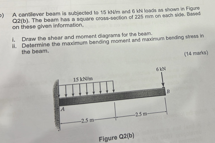 A cantilever beam is subjected to 15 kN/m and 6 kN loads as shown in Figure 
Q2(b). The beam has a square cross-section of 225 mm on each side. Based 
on these given information, 
i. Draw the shear and moment diagrams for the beam. 
ii. Determine the maximum bending moment and maximum bending stress in 
the beam. 
(14 marks) 
Figure Q