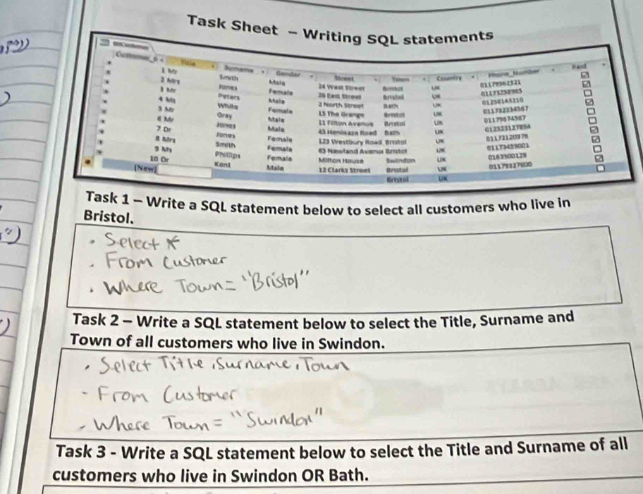 Task Sh 
Task 1 - Write a SQL statement below to select all customers who live in 
Bristol. 
Task 2 - Write a SQL statement below to select the Title, Surname and 
Town of all customers who live in Swindon. 
Task 3 - Write a SQL statement below to select the Title and Surname of all 
customers who live in Swindon OR Bath.