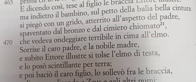 465 prima en 
É dicendo cosí, tese al figlio le braccia Elto 
ma indietro il bambino, sul petto della balia bella cintura 
si piegò con un grido, atterrito all’aspetto del padre, 
spaventato dal bronzo e dal cimiero chi omato^(21), 
470 che vedeva ondeggiare terribile in cima all’elmo. 
Sorrise il caro padre, e la nobile madre, 
e subito Ettore illustre si tolse l’elmo di testa, 
e lo posò scintillante per terra; 
e poi bació il caro figlio, lo sollevó fra le braccia,