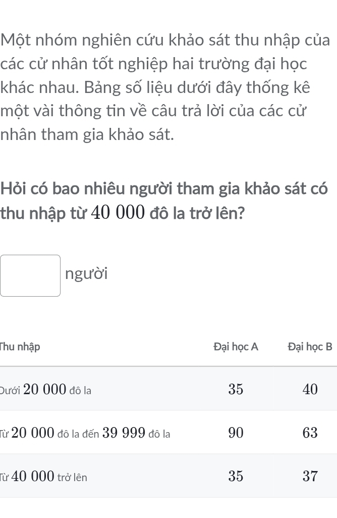 Một nhóm nghiên cứu khảo sát thu nhập của 
các cử nhân tốt nghiệp hai trường đại học 
khác nhau. Bảng số liệu dưới đây thống kê 
một vài thông tin về câu trả lời của các cử 
nhân tham gia khảo sát. 
Hỏi có bao nhiêu người tham gia khảo sát có 
thu nhập từ 40 000 đô la trở lên? 
người 
ThB 
Dư 
Từ 
Từ