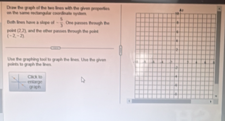 Draw the graph of the two lines with the given properties 
on the same rectangular coordinate system. 
Both lines have a slope of - 5/3  One passes through the 
point (2,2) , and the other passes through the point
(-2,-2)
am 
Use the graphing tool to graph the lines. Use the given 
points to graph the lines. 
Click to 
enlarge 
graph