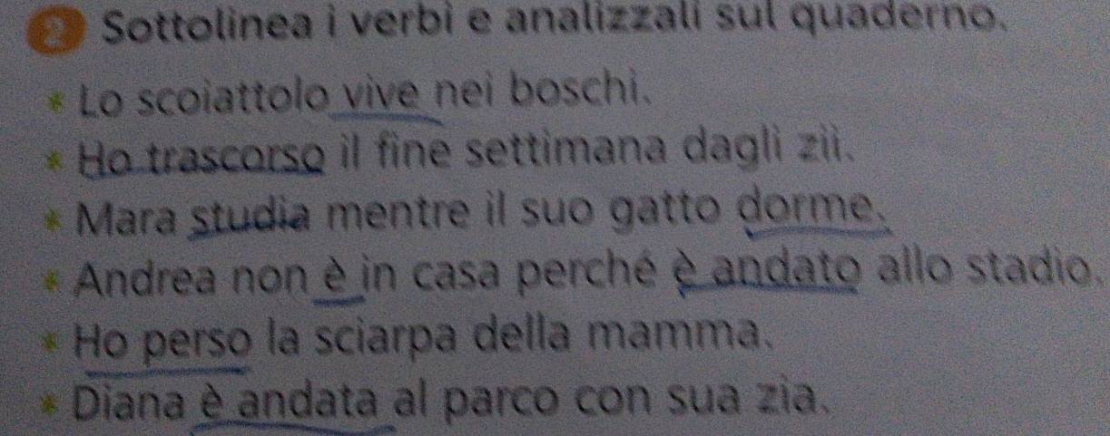 Sottolinea i verbi e analizzali sul quaderno. 
Lo scoiattolo vive nei boschi. 
Ho trascorso il fine settimana dagli zii. 
Mara studia mentre il suo gatto dorme. 
Andrea non è in casa perché è andato allo stadio. 
Ho perso la sciarpa della mamma. 
Diana è andata al parco con sua zia,