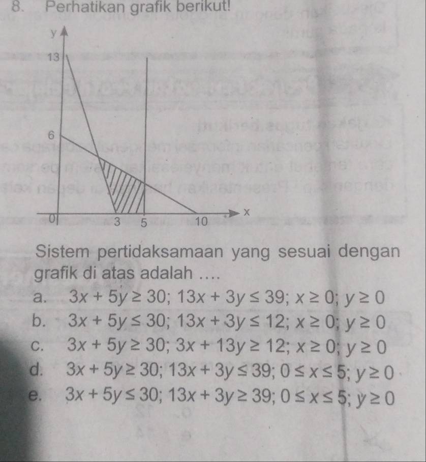 Perhatikan grafik berikut!
Sistem pertidaksamaan yang sesuai dengan
grafik di atas adalah ....
a. 3x+5y≥ 30; 13x+3y≤ 39; x≥ 0; y≥ 0
b. 3x+5y≤ 30; 13x+3y≤ 12; x≥ 0; y≥ 0
C. 3x+5y≥ 30; 3x+13y≥ 12; x≥ 0; y≥ 0
d. 3x+5y≥ 30; 13x+3y≤ 39; 0≤ x≤ 5; y≥ 0
e. 3x+5y≤ 30; 13x+3y≥ 39; 0≤ x≤ 5; y≥ 0