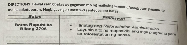 DIRECTIONS: Bawat isang batas ay gagawan mo ng maiksing scenario/pangyayari papano ito 
maisasakatuparan. Magbigay ng at least 2-3 senteces per batas.