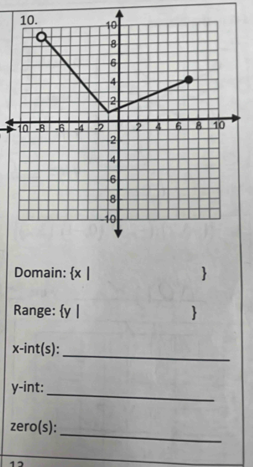 Domain:  x  
Range: y | 
x -int(s):_ 
_
y -int: 
_ 
zero(s):