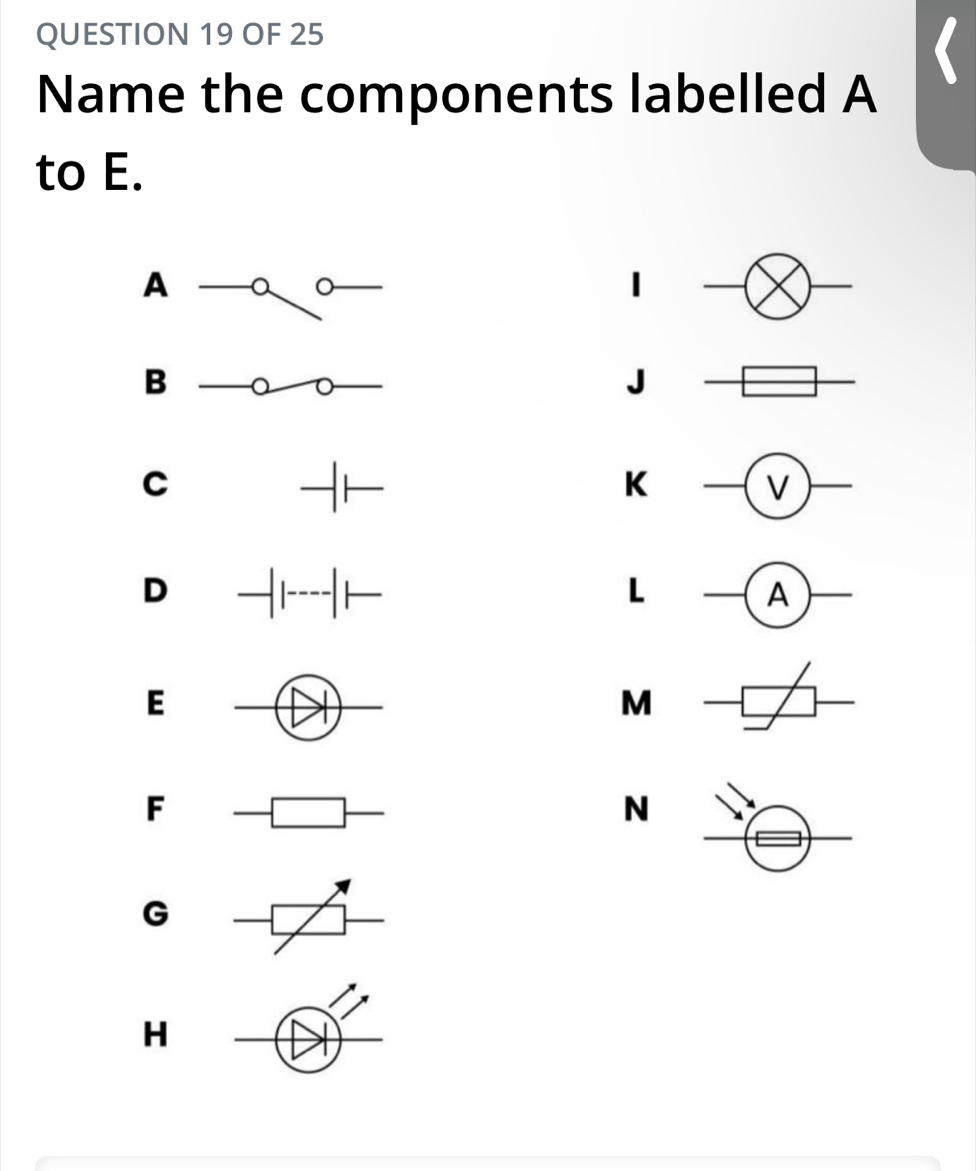 OF 25
Name the components labelled A
to E.
A _  a _ 
overline 
_
B - 0 □
C
-I-
K -( V □ 
D -||----| H L
E to (1)
M
F -□ -
N
G
H