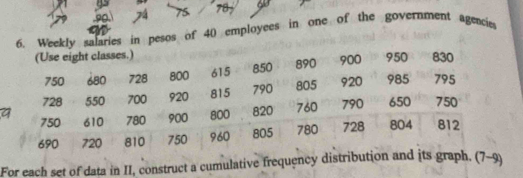 Weekly salaries in pesos of 40 employees in one of the government agencies 
For each set of data in II, construct a cumulative frequency distributiph. (7-9)