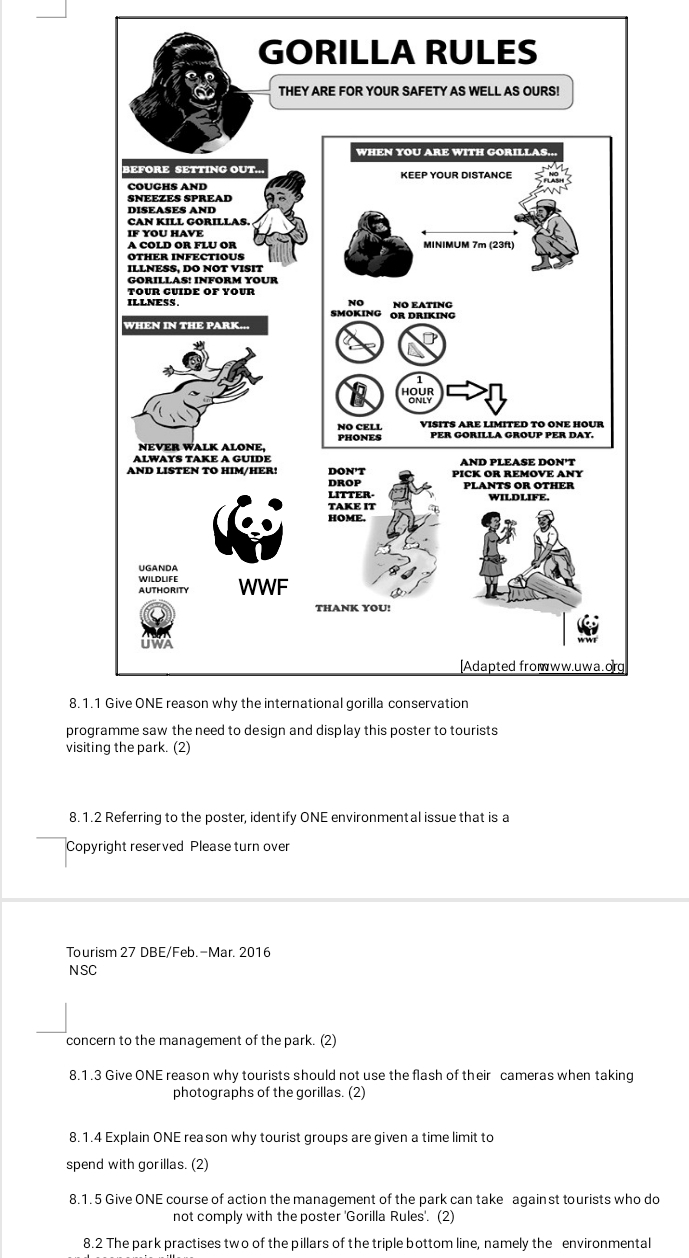 GORILLA RULES 
THEY ARE FOR YOUR SAFETY AS WELL AS OURS! 
WHEN YOU ARE WITH GORILLAS. 
BEFORE SETTING OUT... KEEP YOUR DISTANCE 
COUGHS AND 
SNEEZES SPREAD 
DISEASES AND 
CAN KILL GORILLAS. 
IF YOU HAVE MINIMỤM 7m (23ft) 
A COLD OR FLU OR 
OTHER INFECtious 
ILLNESS, DO NOT VISIT 
GORILLAS! INFORM YOUR 
TOUR CUIDE OF YOUR 
ILLNESS. NO NO EATING 
SMOKING OR DRIKING 
WHEN IN THE PARK... 
HOUR 
NO CELL 
NEVER WALK ALONE PHONES 
ALWAYS TAKE A GUIDE AND PLEASE DON'T 
AND LISTEN TO HIM/HER! don't PICK OR REMOVE ANY 
DROP PLANTS OR OTHER 
LITTER. WILDLIFE. 
TAKE IT 
HOME. 
UGANDA 
WILDLIFE WWF 
AUTHORITY 
THANK YOU! 
UWA 
[Adapted frowww.uwa.org 
8. 1.1 Give ONE reason why the international gorilla conservation 
programme saw the need to design and display this poster to tourists 
visiting the park. (2) 
8.1.2 Referring to the poster, identify ONE environmental issue that is a 
Copyright reserved Please turn over 
Tourism 27 DBE/Feb.-Mar. 2016 
NSC 
concern to the management of the park. (2) 
8.1 .3 Give ONE reason why tourists should not use the flash of their cameras when taking 
photographs of the gorillas. (2) 
8.1.4 Explain ONE reason why tourist groups are given a time limit to 
spend with gorillas. (2) 
8.1. 5 Give ONE course of action the management of the park can take against tourists who do 
not comply with the poster 'Gorilla Rules'. (2) 
8.2 The park practises two of the pillars of the triple bottom line, namely the environmental