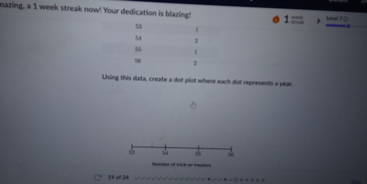 mazing, a 1 week streak now! Your dedication is blazing! 
1 
Level 7
5
54
2
55
B
56
2
Using this data, create a dot plot where each dot represents a year.
58 s 55 56
Number of trick or treaters
19 of 24