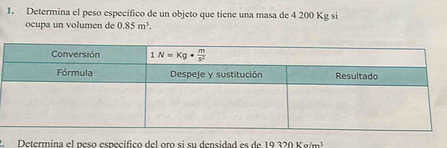 Determina el peso específico de un objeto que tiene una masa de 4 200 Kg si
ocupa un volumen de 0.85m^3.
Determina el peso específico del oro si su densidad es de 19320Kg/m^3