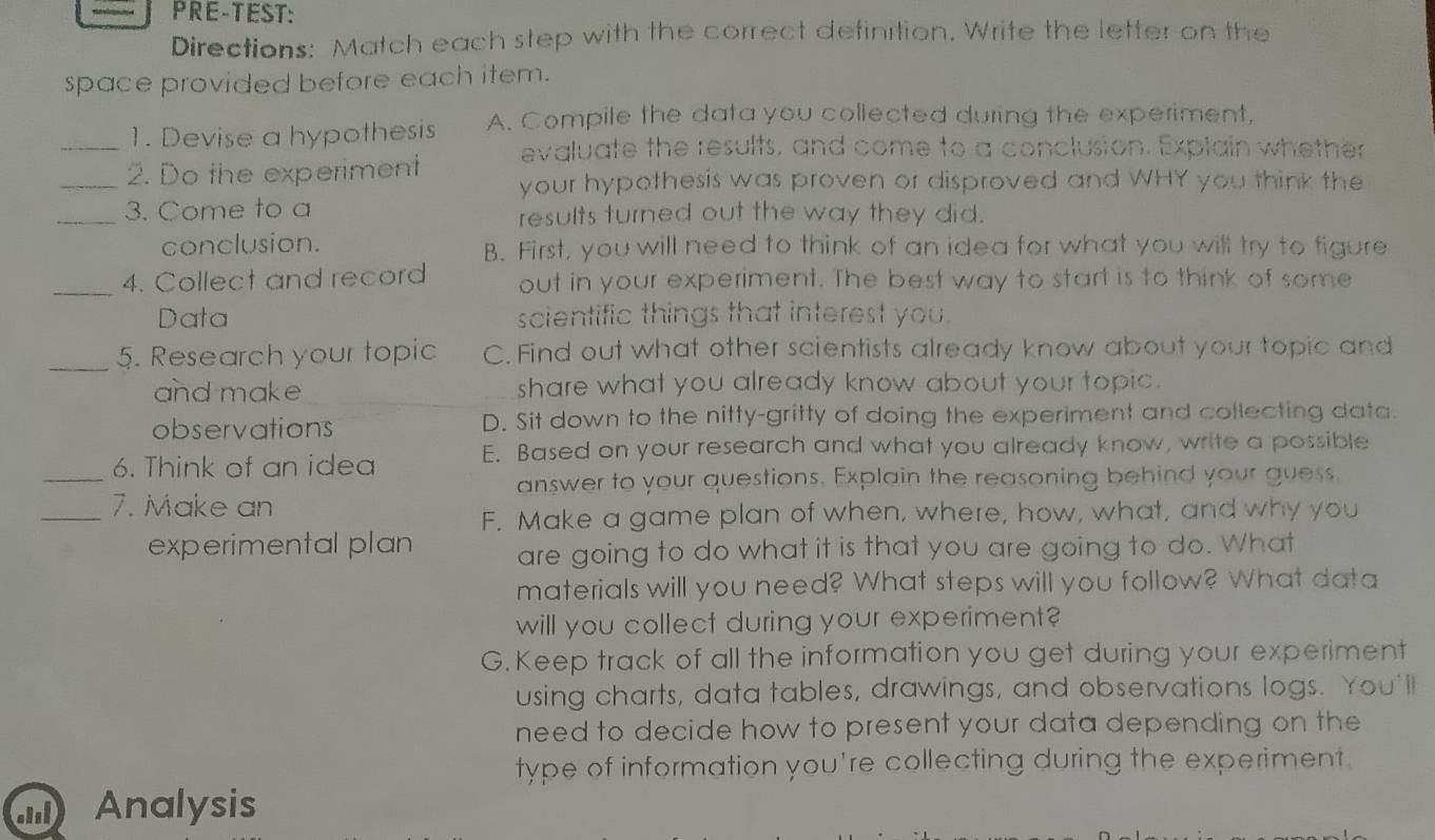 PRE-TEST:
Directions: Match each step with the correct definition. Write the letter on the
space provided before each item.
_1. Devise a hypothesis A. Compile the data you collected during the experiment,
evaluate the results, and come to a conclusion. Exptain whether
_2. Do the experiment your hypothesis was proven or disproved and WHY you think the
_3. Come to a results turned out the way they did.
conclusion. B. First, you will need to think of an idea for what you will try to figure
_4. Collect and record out in your experiment. The best way to start is to think of some
Data scientific things that interest you.
_5. Research your topic C. Find out what other scientists already know about your topic and
and make share what you already know about your topic.
observations D. Sit down to the nitty-gritty of doing the experiment and collecting data.
_6. Think of an idea E. Based on your research and what you already know, write a possible
answer to your questions. Explain the reasoning behind your guess
_7. Make an
F. Make a game plan of when, where, how, what, and why you
experimental plan are going to do what it is that you are going to do. What
materials will you need? What steps will you follow? What data
will you collect during your experiment?
G.Keep track of all the information you get during your experiment
using charts, data tables, drawings, and observations logs. You'll
need to decide how to present your data depending on the
type of information you're collecting during the experiment.
Analysis