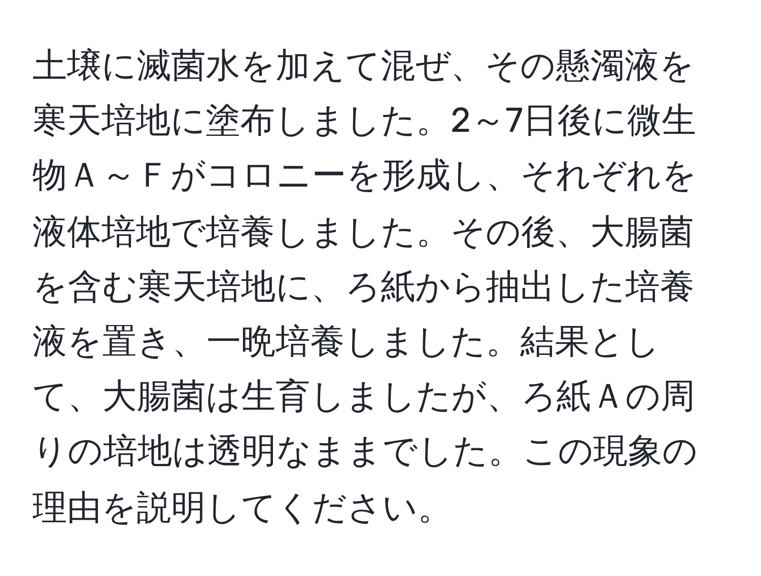 土壌に滅菌水を加えて混ぜ、その懸濁液を寒天培地に塗布しました。2～7日後に微生物Ａ～Ｆがコロニーを形成し、それぞれを液体培地で培養しました。その後、大腸菌を含む寒天培地に、ろ紙から抽出した培養液を置き、一晩培養しました。結果として、大腸菌は生育しましたが、ろ紙Ａの周りの培地は透明なままでした。この現象の理由を説明してください。