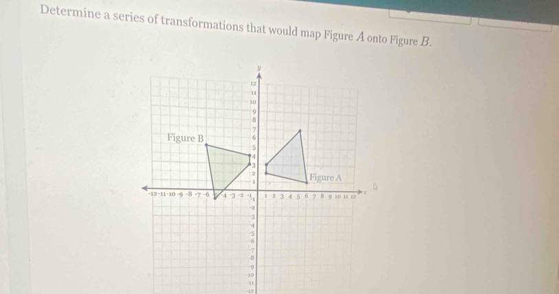 Determine a series of transformations that would map Figure A onto Figure B.
-12