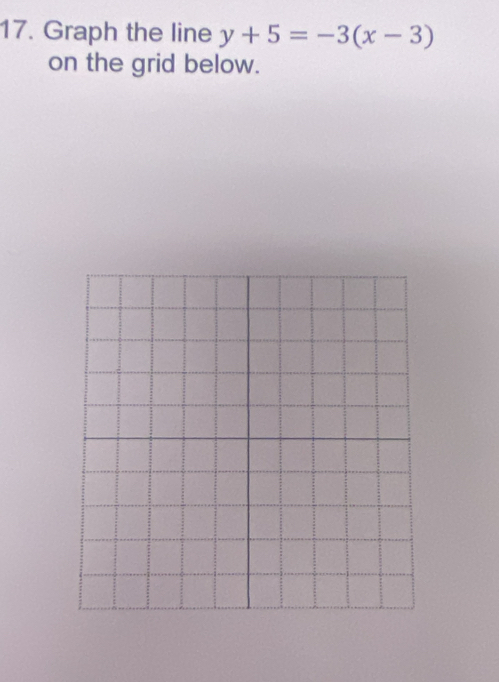 Graph the line y+5=-3(x-3)
on the grid below.