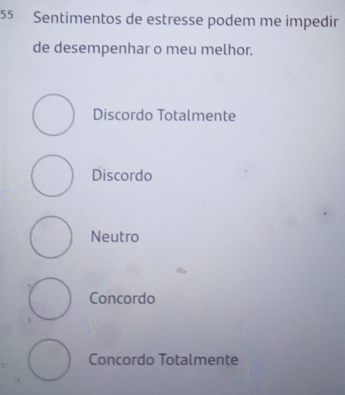 Sentimentos de estresse podem me impedir
de desempenhar o meu melhor.
Discordo Totalmente
Discordo
Neutro
Concordo
Concordo Totalmente