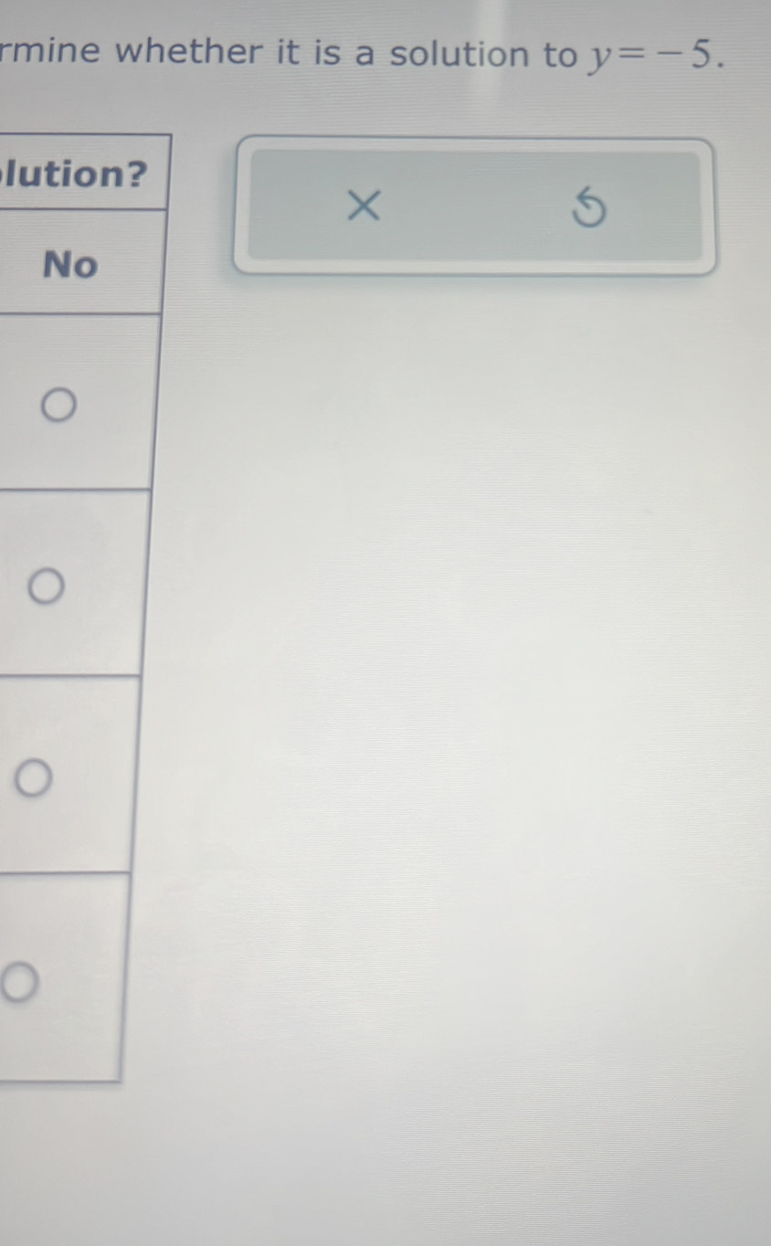 rmine whether it is a solution to y=-5. 
lut 
×
5
N