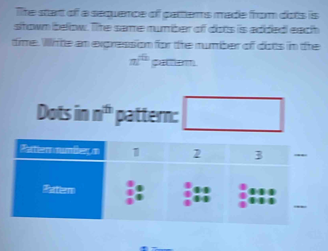 Te start of a sequence of pattens made from dots is 
stown below. Tite same number of dots is added each 
time. Wite an expression for the number of dots in the
m^(th) g 
Dots in n^(th) pattern: □