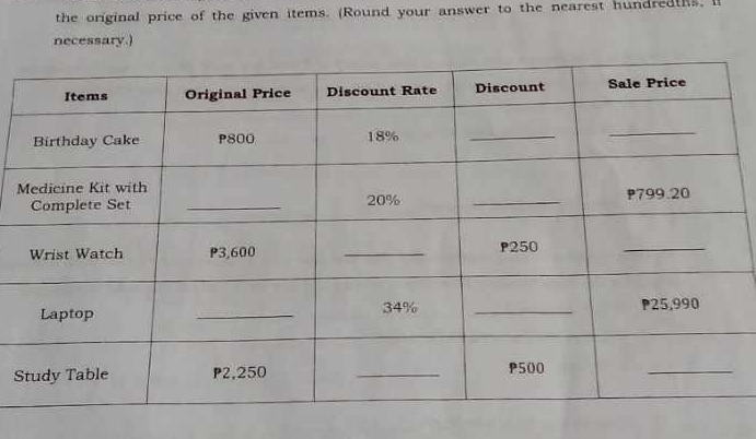 the original price of the given items. (Round your answer to the nearest hundredths. 
necessary.) 
S