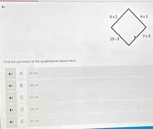 Find the perimeter of the quadrilateral shown here.
A 36 cm
B 48 cm
C 52 cm
D 56 cm
E 63 cm