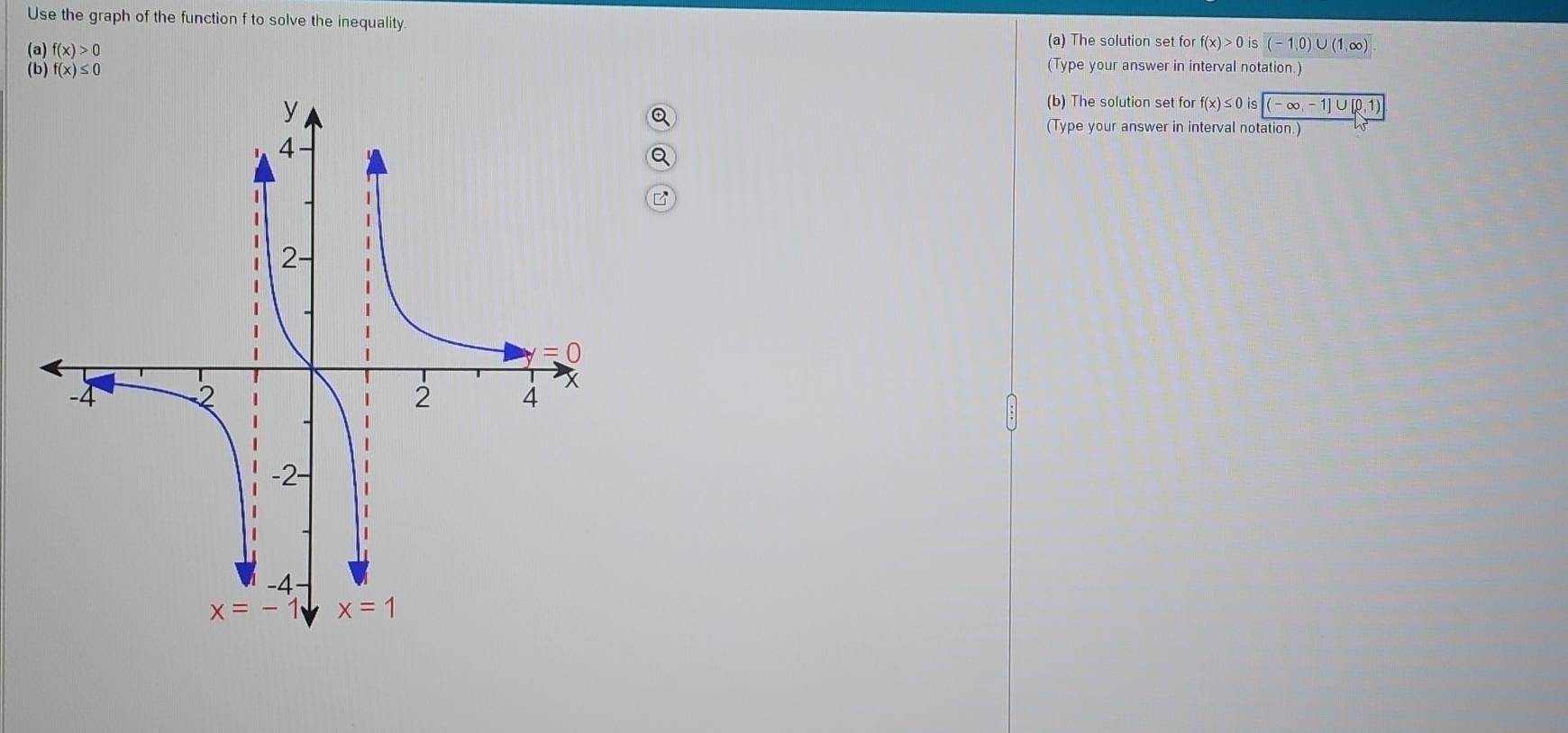 Use the graph of the function f to solve the inequality.
(a) The solution set for f(x)>0is (-1,0)∪ (1,∈fty )
(a) f(x)>0 (Type your answer in interval notation.)
(b) f(x)≤ 0
(b) The solution set for f(x)≤ 0 is (-∈fty ,-1]∪ [0,1)
(Type your answer in interval notation.)