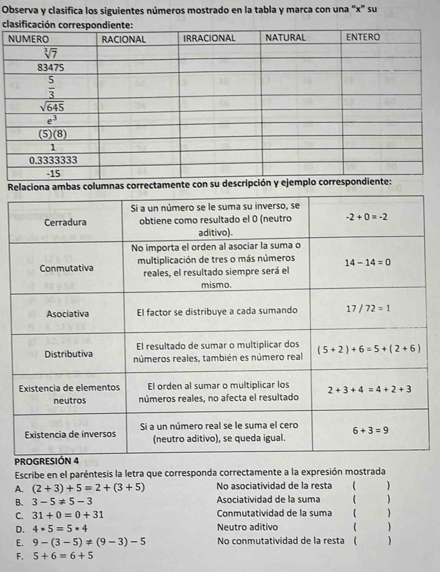 Observa y clasifica los siguientes números mostrado en la tabla y marca con una “x” su
c
Relaciona ambas columnas correctamente 
Escribe en el paréntesis la letra que corresponda correctamente a la expresión mostrada
A. (2+3)+5=2+(3+5) No asociatividad de la resta ( )
B. 3-5!= 5-3 Asociatividad de la suma ( )
C. 31+0=0+31 Conmutatividad de la suma ( )
D. 4*5=5*4 Neutro aditivo ( )
E. 9-(3-5)!= (9-3)-5 No conmutatividad de la resta   )
F. 5+6=6+5