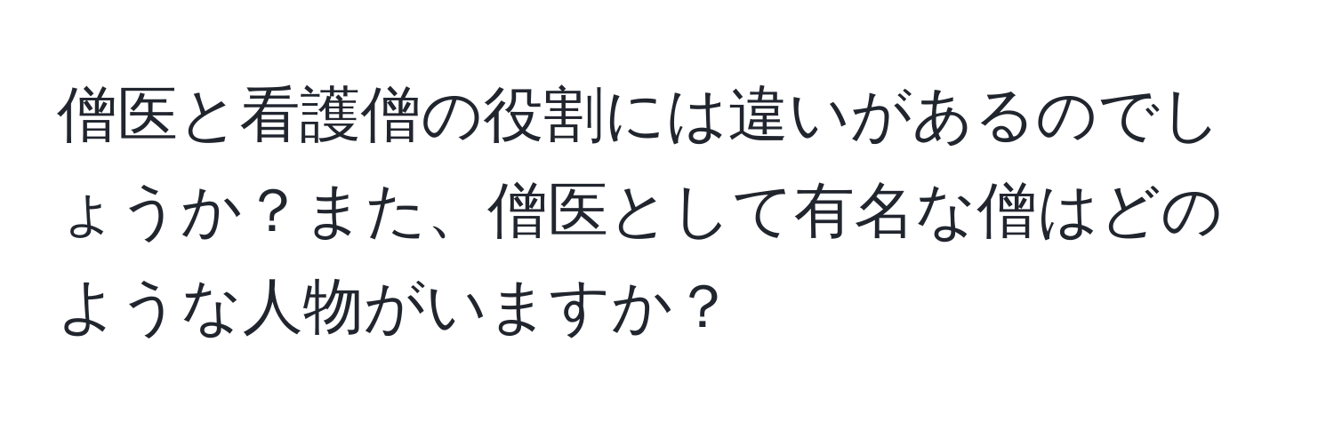 僧医と看護僧の役割には違いがあるのでしょうか？また、僧医として有名な僧はどのような人物がいますか？