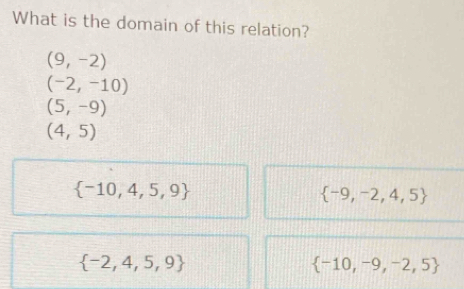 What is the domain of this relation?
(9,-2)
(-2,-10)
(5,-9)
(4,5)
 -10,4,5,9
 -9,-2,4,5
 -2,4,5,9
 -10,-9,-2,5