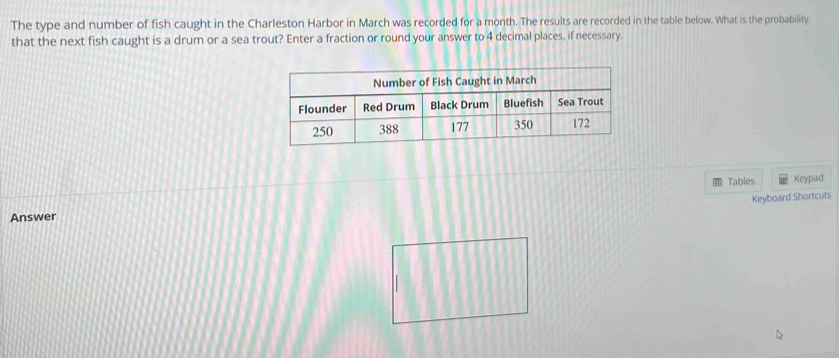 The type and number of fish caught in the Charleston Harbor in March was recorded for a month. The results are recorded in the table below. What is the probability 
that the next fish caught is a drum or a sea trout? Enter a fraction or round your answer to 4 decimal places, if necessary. 
Tables Keypad 
Keyboard Shortcuts 
Answer