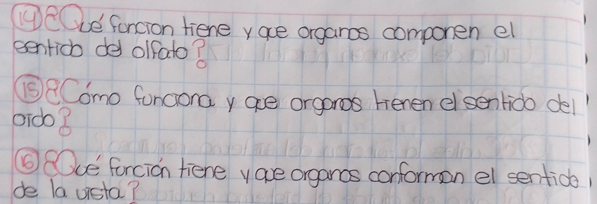 ①QOue fancion fiene yace organos componen el 
senticb de olfato? 
⑤8Como forciona y ae organos renen ei senlido del 
0ido 8 
⑤Ove' forcion fiene yave organcs conforman el sentica 
de 10. vista?