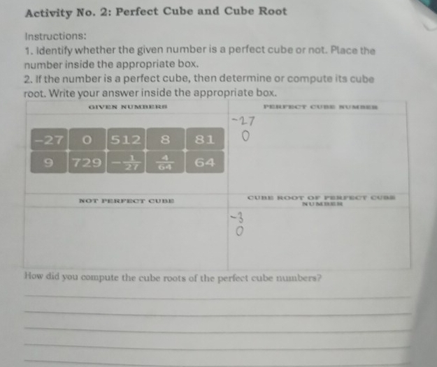 Activity No. 2: Perfect Cube and Cube Root
Instructions:
1. Identify whether the given number is a perfect cube or not. Place the
number inside the appropriate box.
2. If the number is a perfect cube, then determine or compute its cube
he cube roots of the perfect cube numbe
_
_
_
_
_
_