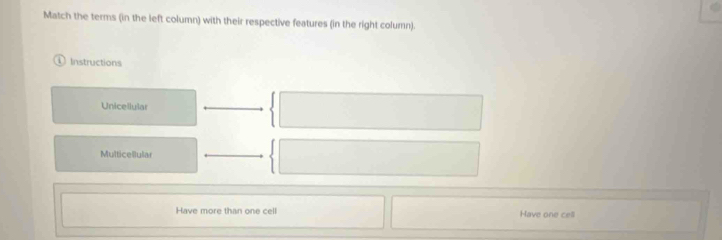 Match the terms (in the left column) with their respective features (in the right column). 
Instructions 
Unicellular 
Multicellular 
Have more than one cell Have one cell