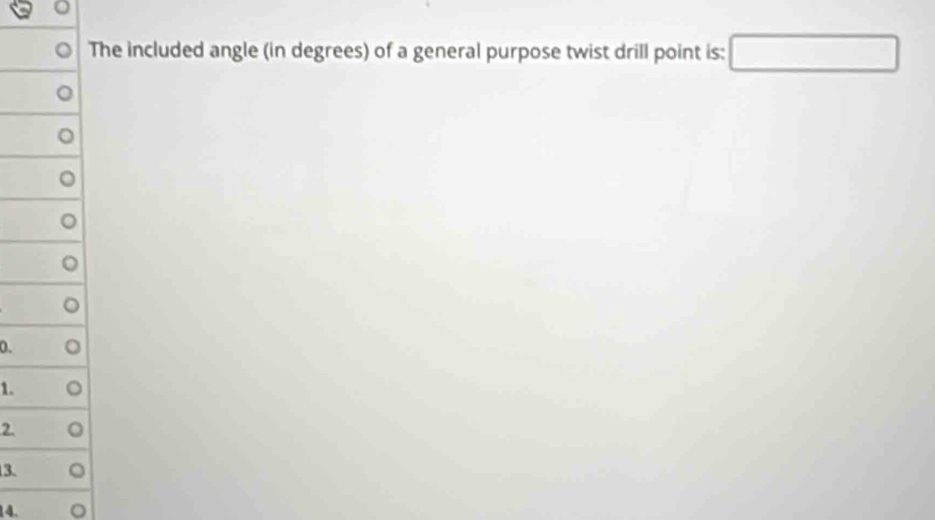 The included angle (in degrees) of a general purpose twist drill point is: □ 
0. 
1. 
2. 
3. 
14.