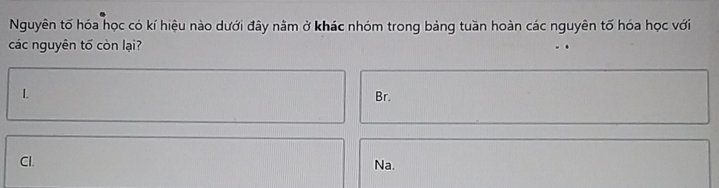 Nguyên tố hóa học có kí hiệu nào dưới đây nằm ở khác nhóm trong bảng tuần hoàn các nguyên tố hóa học với 
các nguyên tố còn lại? 
1. Br. 
Cl. Na.