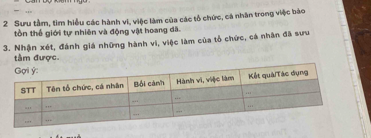 Can bộ kiểm ngữ 
… 
2 Sưu tầm, tìm hiểu các hành vi, việc làm của các tổ chức, cá nhân trong việc bảo 
tồn thế giới tự nhiên và động vật hoang dã. 
3. Nhận xét, đánh giá những hành vi, việc làm của tổ chức, cá nhân đã sưu 
tầm được.