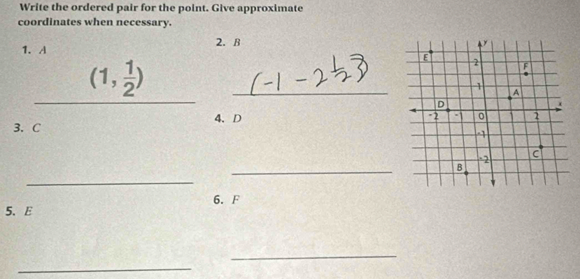 Write the ordered pair for the point. Give approximate 
coordinates when necessary. 
2. B
1. A
_ _ (1, 1/2 ) _ 
4、 D
3. C
_ 
_ 
6. F
5. E
_ 
_