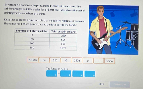 Bryan and his band want to print and sell t-shirts at their shows. The
printer charges an initial design fee of $250. The table shows the cost of
printing various numbers of t-shirts.
Drag tiles to create a function rule that models the relationship between
the number of t-shirts printed, n, and the total cost to the band, c.
10.50n 8n 250 0 250n c + 5.50n
The function rule is
m
0 c D
Hint Sadenit p